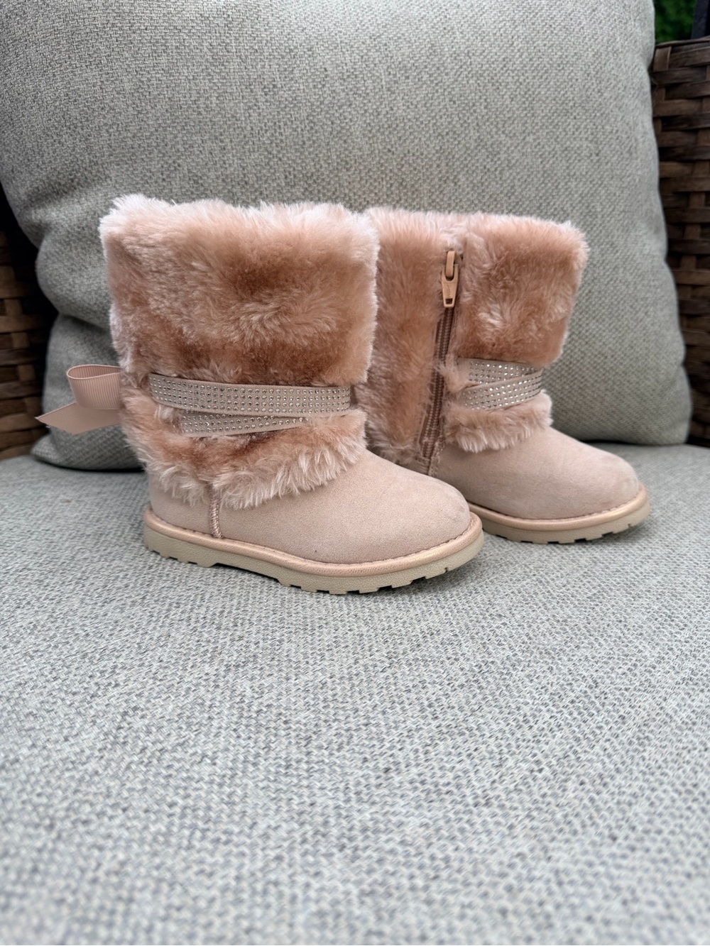 Girls Plush Cuff Pink Winter Boots with Ribbon Detail